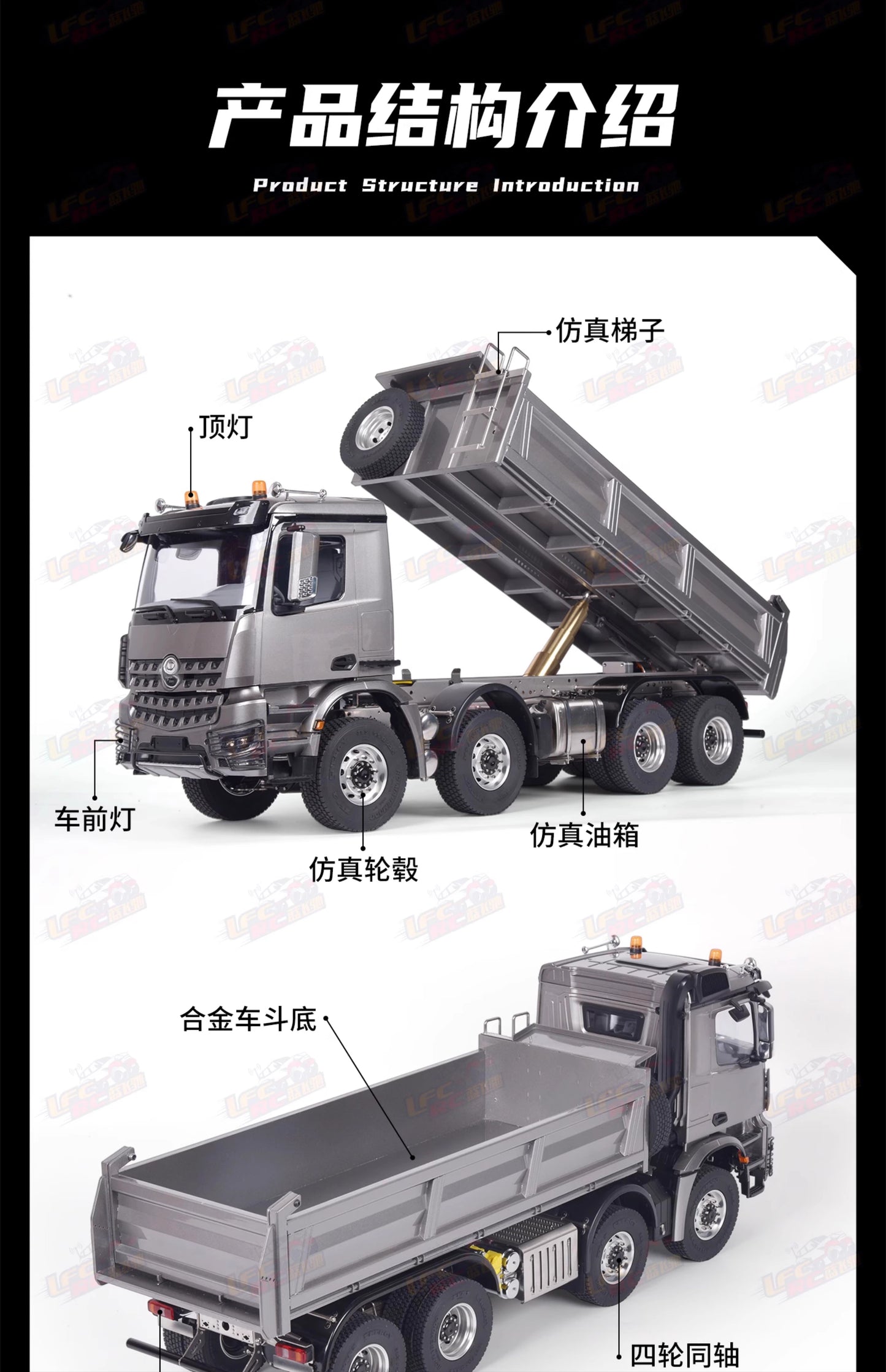 MODO 1/14 8X8 Rc Hydraulic Dump Truck with Sound Light RTR