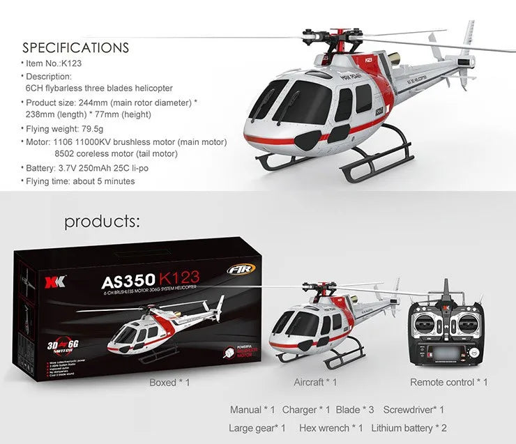 WLtoys XK K123 6CH Brushless AS350 Scale 3D6G System RC Helicopter RTF