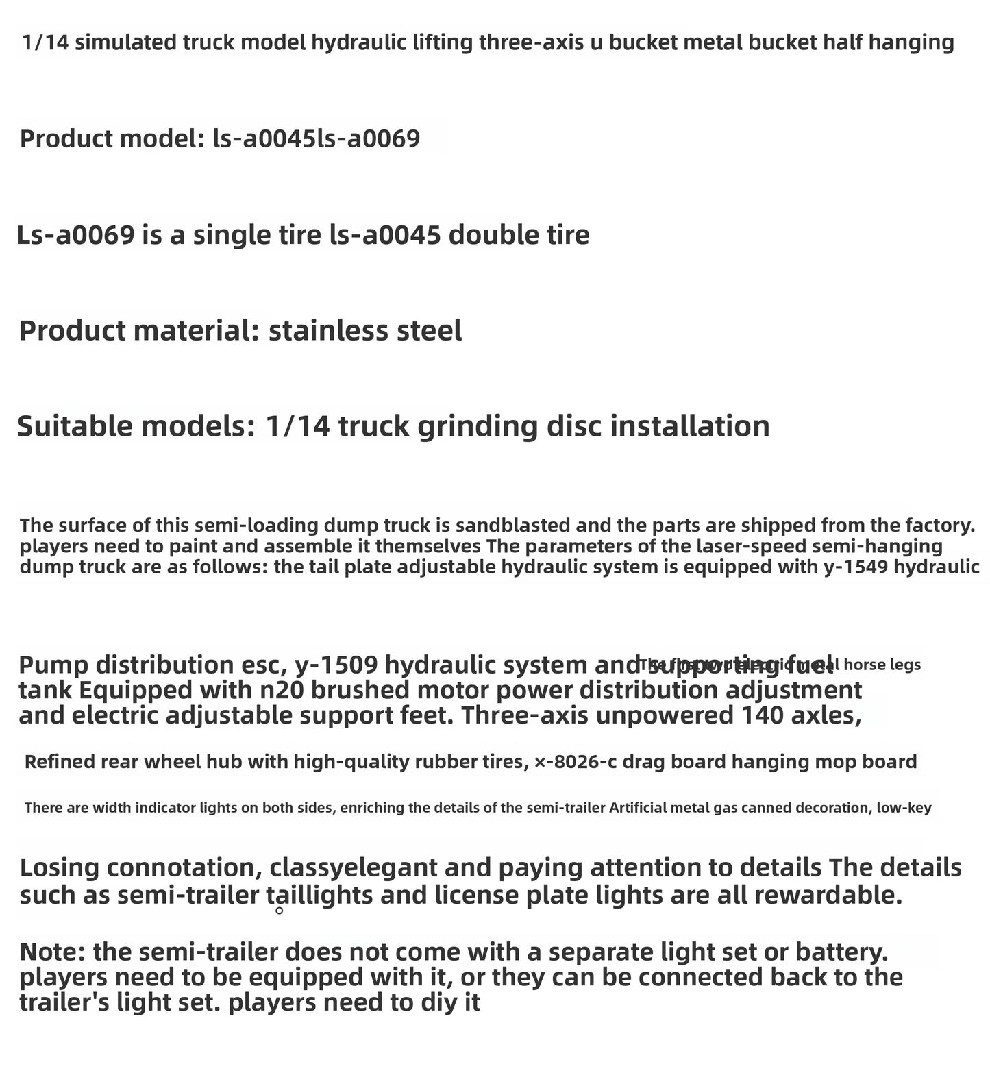 LESU 1/14 Hydraulic Lifting Three-axis U-bucket Metal Bucket Semi-trailer Unloading Trailer LS-A0045 LS-A0069