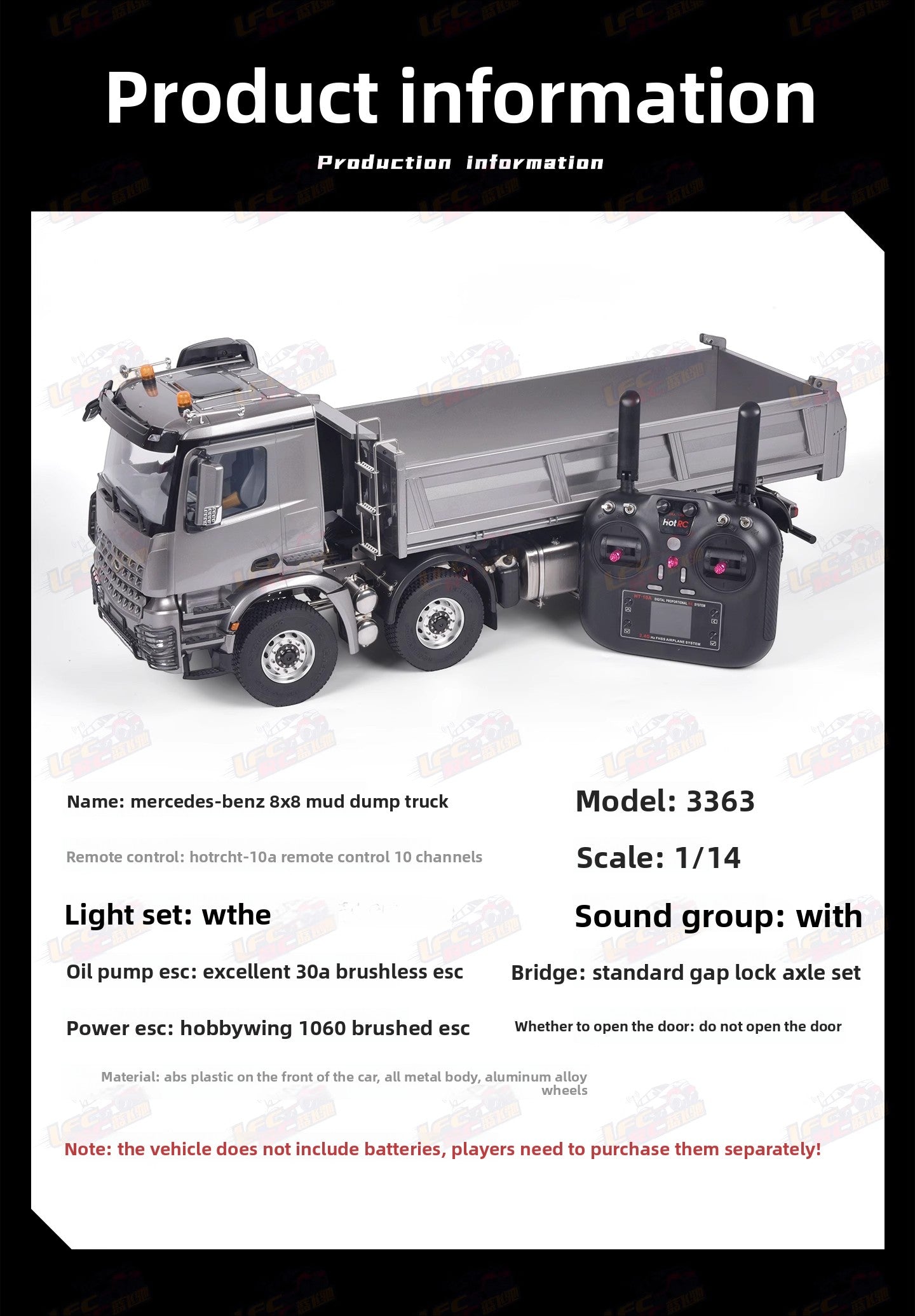 MODO 1/14 8X8 Rc Hydraulic Dump Truck with Sound Light RTR