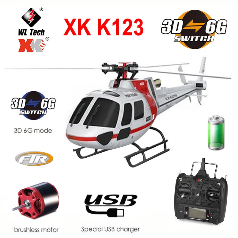 WLtoys XK K123 6CH Brushless AS350 Scale 3D6G System RC Helicopter RTF