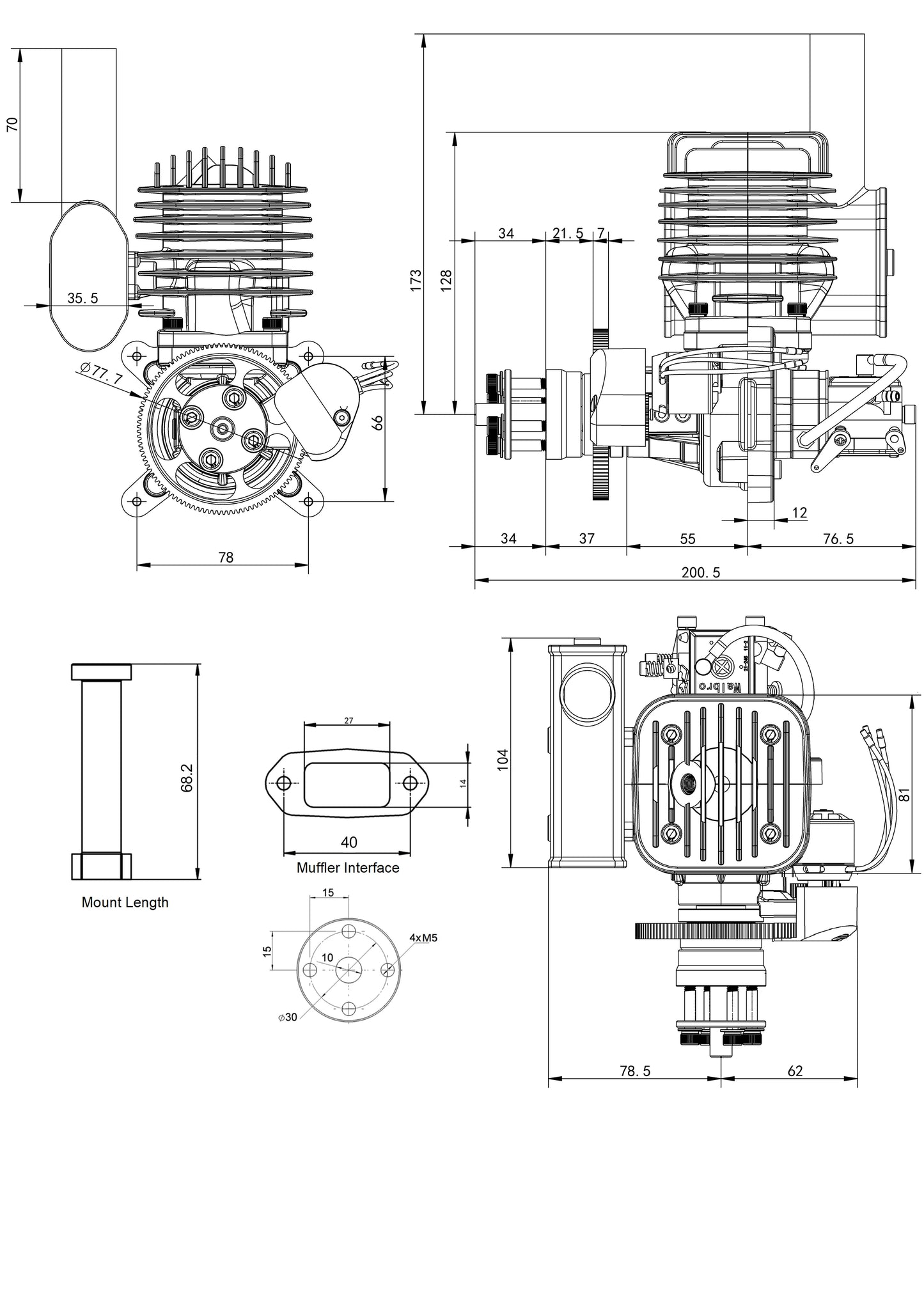 EPHIL 60cc-S PRO RC Model Aircraft Gasoline Engine Electric Start Two-stroke Rear Fixed Wing