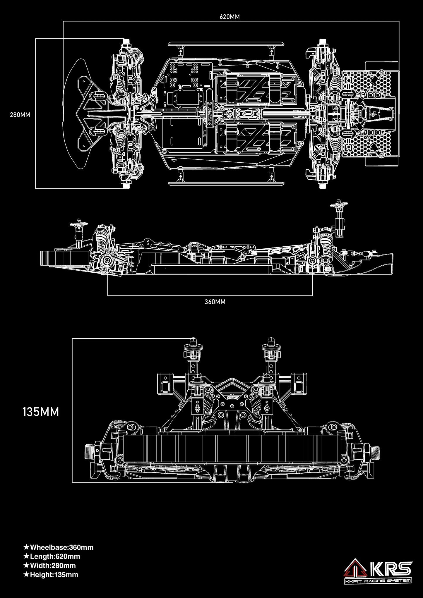 KKPIT 1/8 ZQR RACING RC CAR KIT KRL-RS CHASSIS 360MM wheelbase