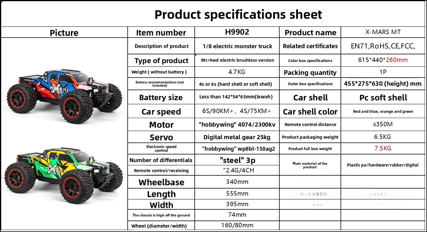HNR H9902 1/8 4wd Brushless X-MARS MT Rc Car RTR