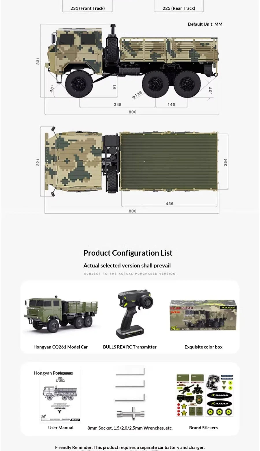 RLAARLO CQ261 1/10 6x6 RC BRUSHLESS Military Truck RTR