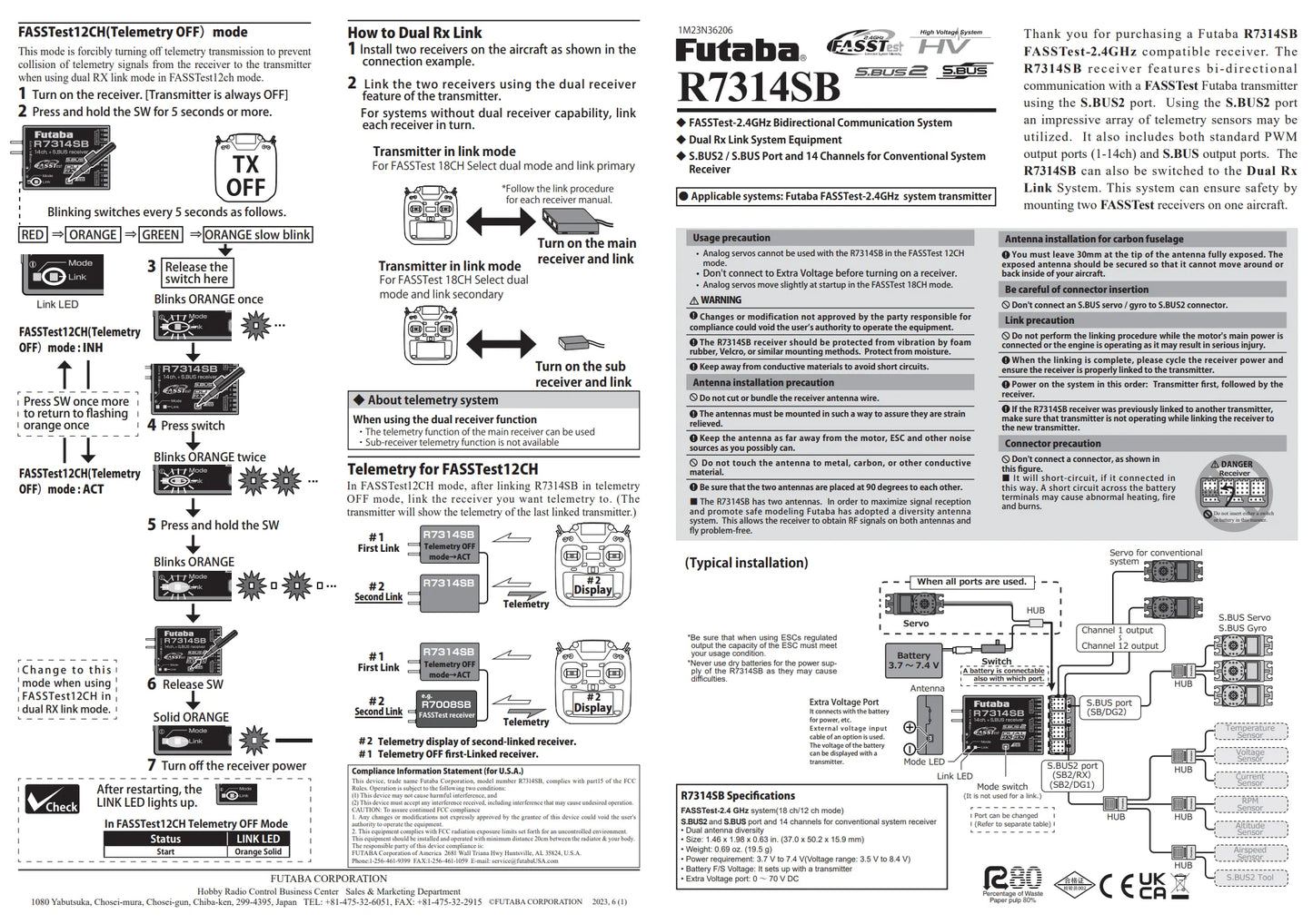 FUTABA R7314SB 2.4G High Gain Antenna High Voltage Receiver Dual Link