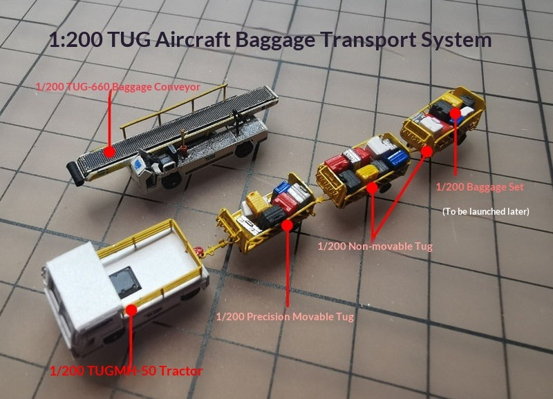 1:200 Airport Scene Model TUG Luggage Transport System MH-50 Trailer TUG660 Luggage Transfer Truck