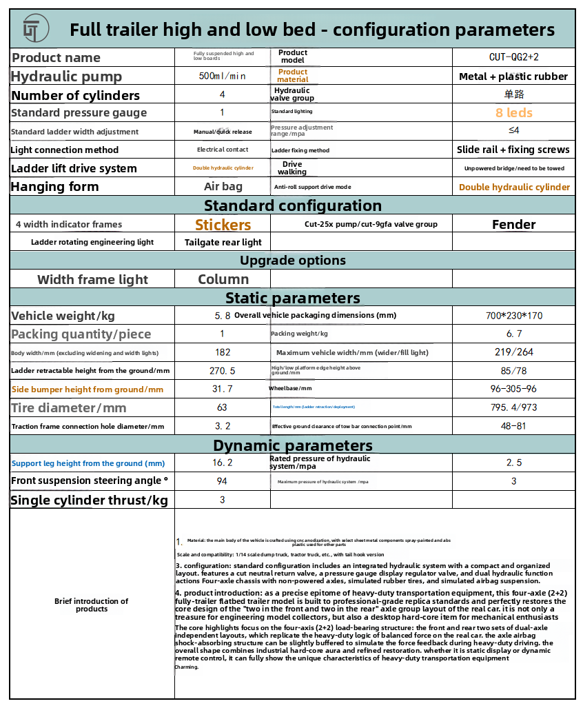 CUT MODEL 1/14 Metal Removable Hydraulic Tail Plate LOW BED Trailer CUT-QG2 + 2