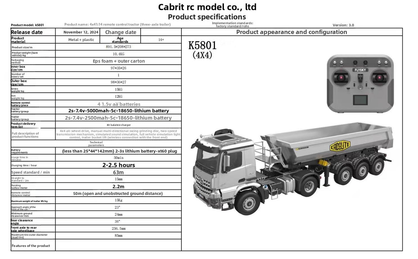 Kabolite K5801 1/14 4X4 RC Tractor Truck WITH 3 Axles Electric Lifting Dump Trialer RTR